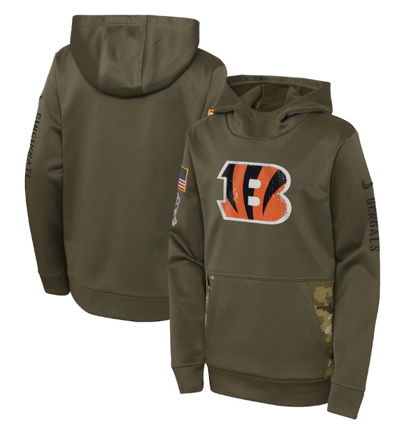 Youth Cincinnati Bengals 2022 Olive Salute to Service Therma Performance Pullover Hoodie